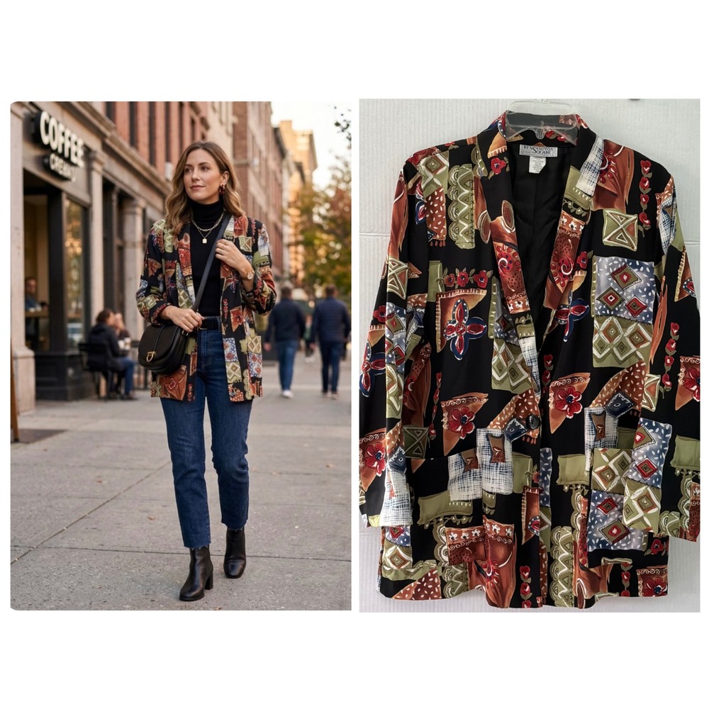 Kensington Square Vintage Floral Patchwork Print Blazer PM 90's Boho Artsy Retro